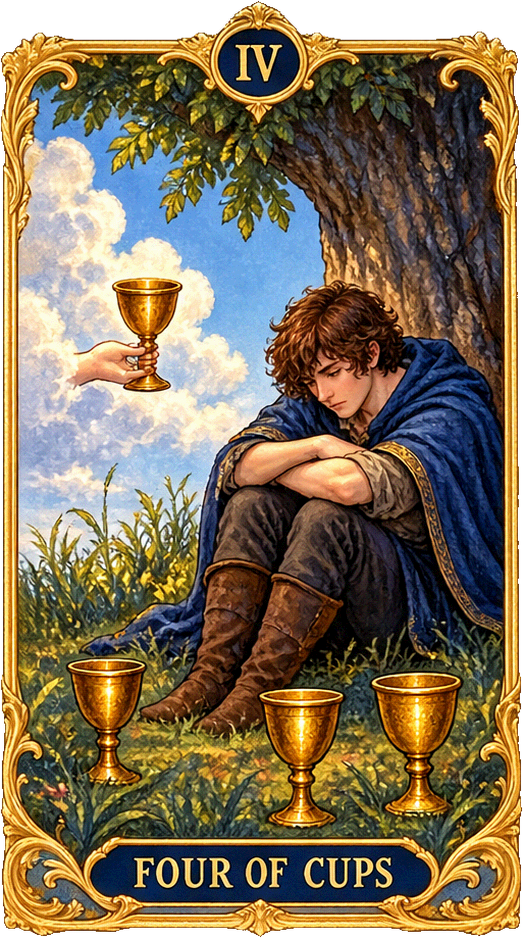 Lá bài Tarot Bốn Cốc — Four of Cups