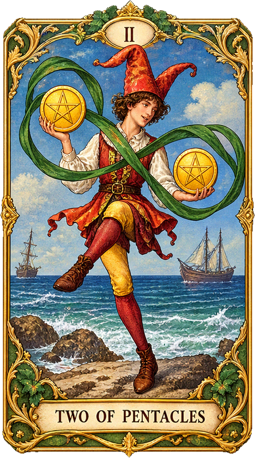 Lá bài Tarot Hai Tiền — Two of Pentacles