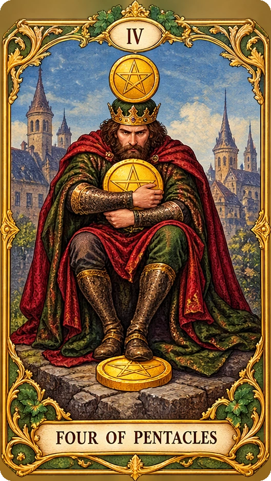 Lá bài tarot Bốn Tiền — Four of Pentacles