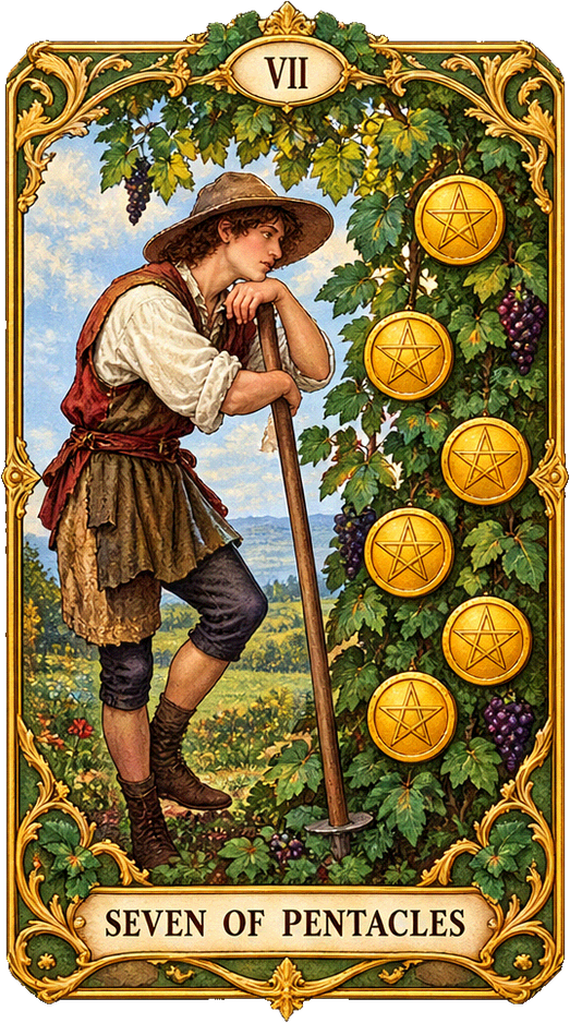 Lá bài Tarot Bảy Tiền — Seven of Pentacles