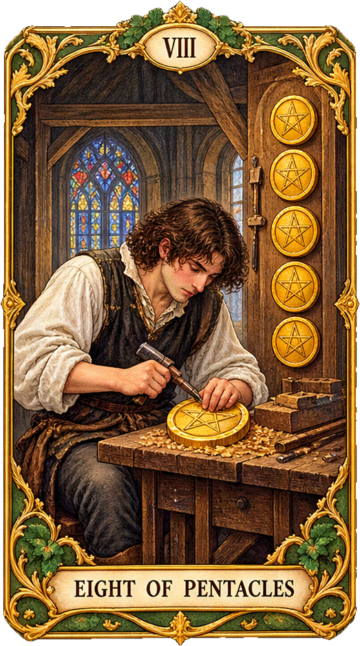 Lá bài Tarot Tám Tiền — Eight of Pentacles