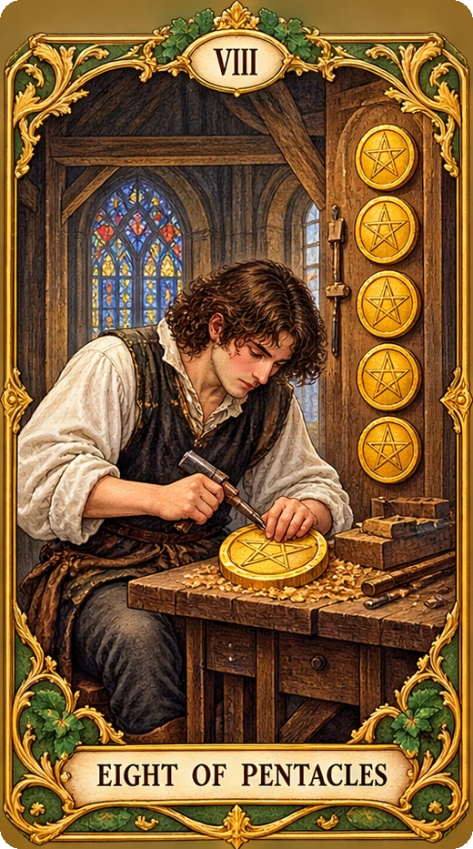 Lá bài tarot Tám Tiền — Eight of Pentacles