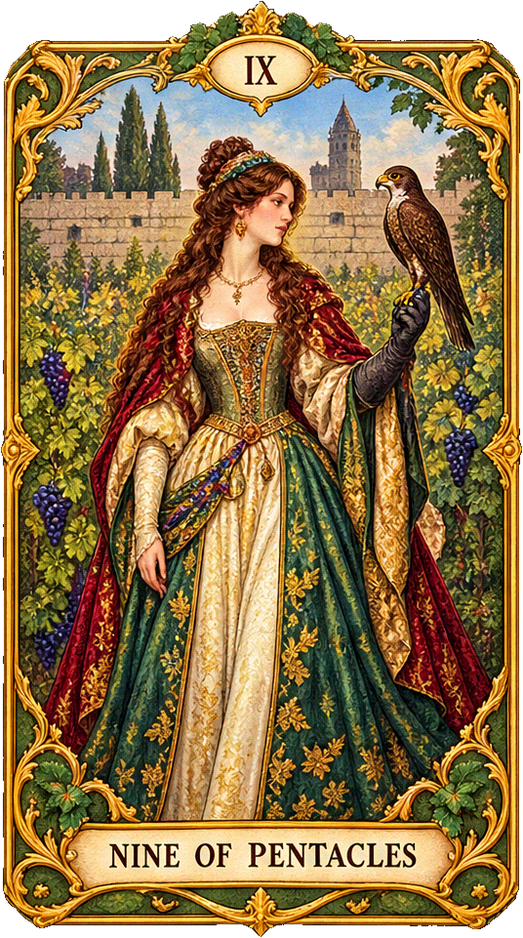 Lá bài Tarot Chín Tiền — Nine of Pentacles