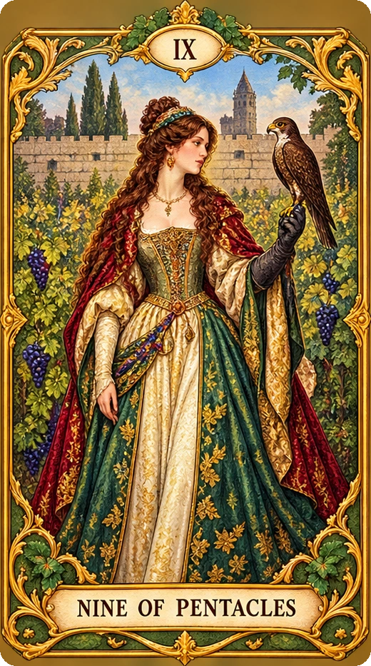 Lá bài tarot Chín Tiền — Nine of Pentacles