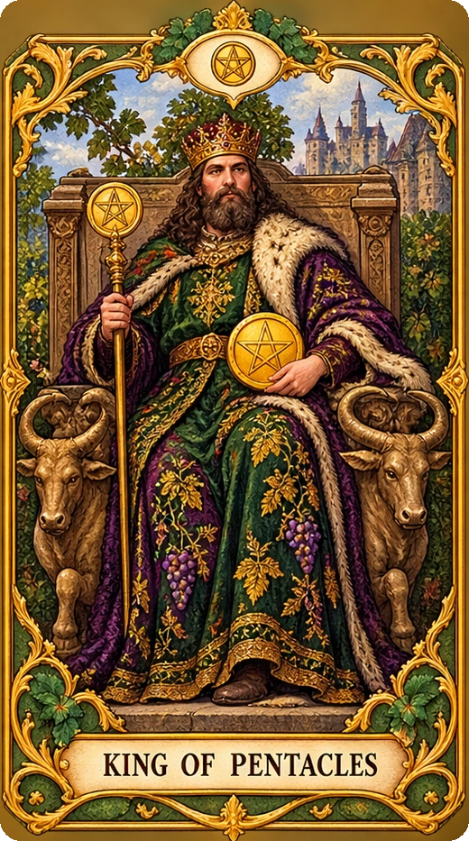 Lá bài tarot Đức Vua Tiền — King of Pentacles