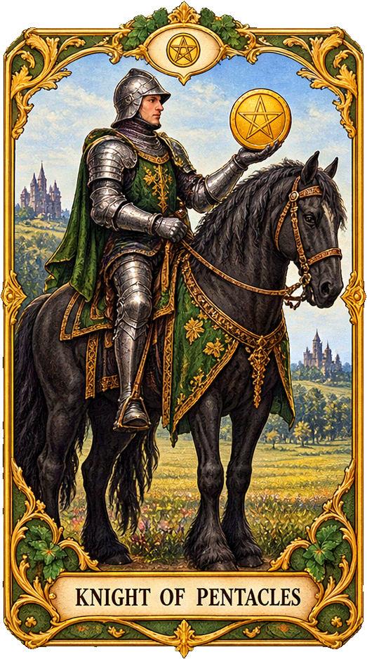 Lá bài Tarot Kỵ Sĩ Tiền — Knight of Pentacles