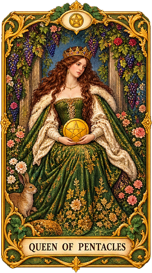 Lá bài Tarot Nữ Hoàng Tiền — Queen of Pentacles