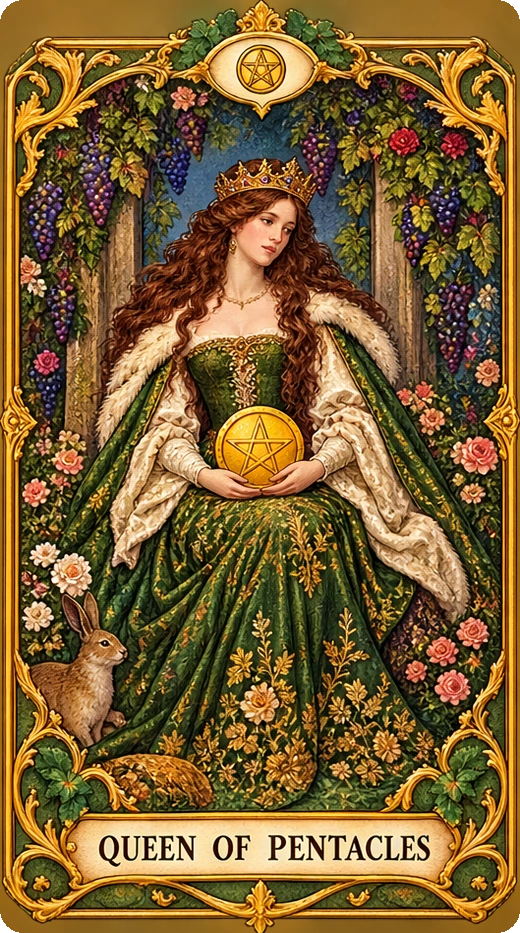 Lá bài tarot Nữ Hoàng Tiền — Queen of Pentacles
