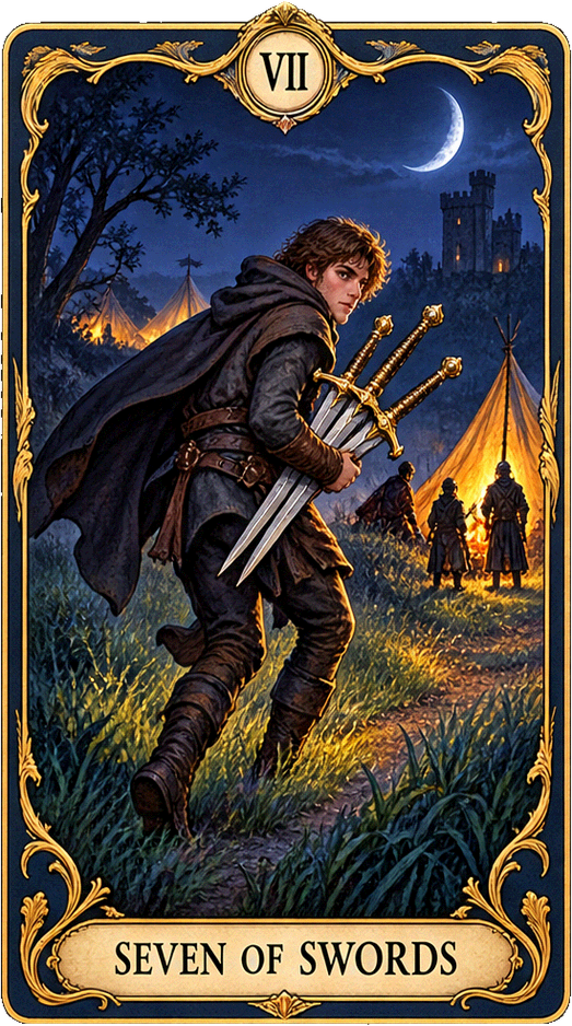 Lá bài Tarot Bảy Kiếm — Seven of Swords