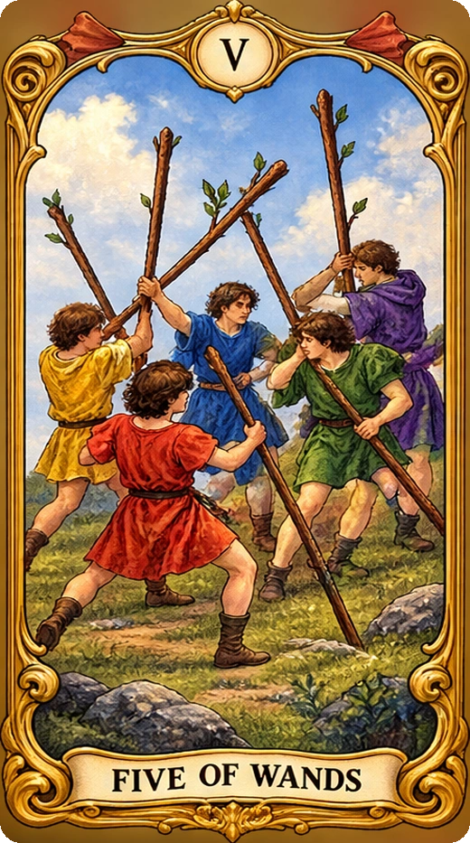 Lá bài tarot Năm Gậy — Five of Wands