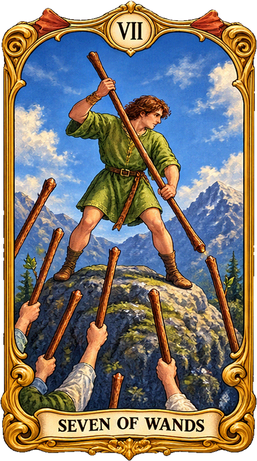 Lá bài Tarot Bảy Gậy — Seven of Wands