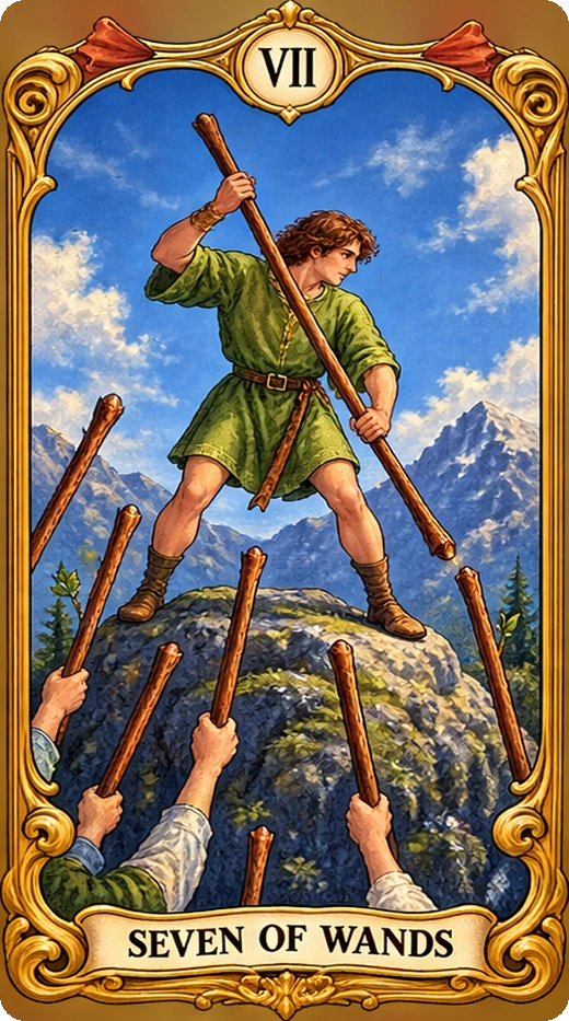 Lá bài tarot Bảy Gậy — Seven of Wands
