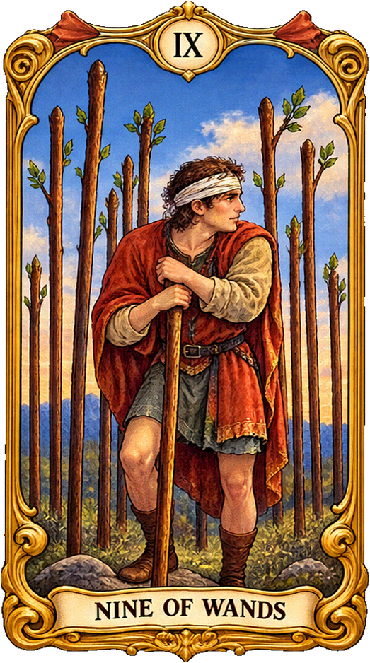 Lá bài Tarot Chín Gậy — Nine of Wands