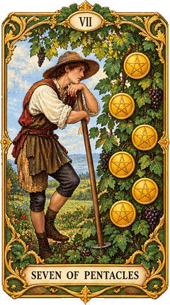 Lá bài Tarot Bảy Tiền — Seven of Pentacles