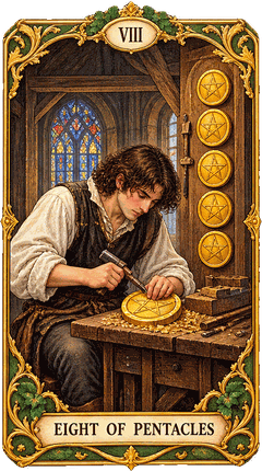 Lá bài Tarot Tám Tiền — Eight of Pentacles