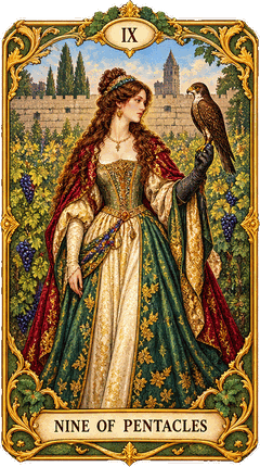 Lá bài Tarot Chín Tiền — Nine of Pentacles
