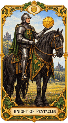 Lá bài Tarot Kỵ Sĩ Tiền — Knight of Pentacles