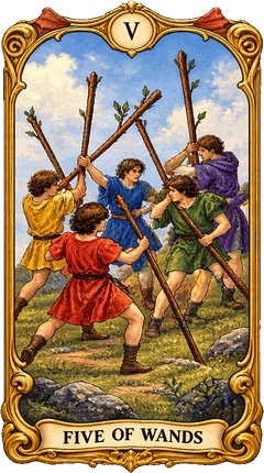 Lá bài Tarot Năm Gậy — Five of Wands